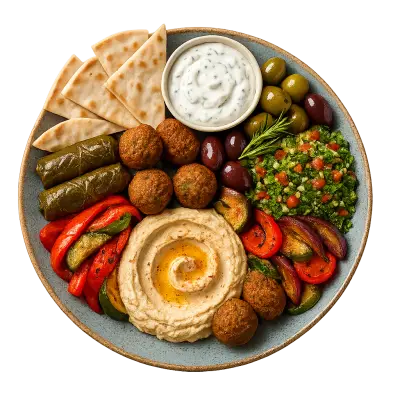 A mezze plate of hummus, grape leaves and fresh vegetables